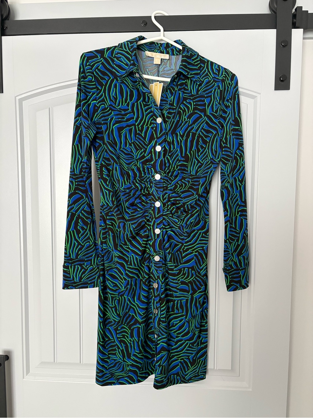 Michael Kors Blue & Green Abstract Button-Down Long Sleeve Dress